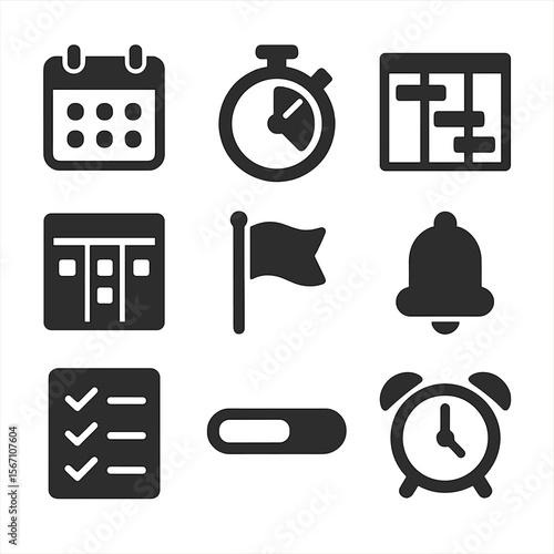 Time Management Icons. Solid, filled icons set of time and project management: calendar, timer, gantt chart,