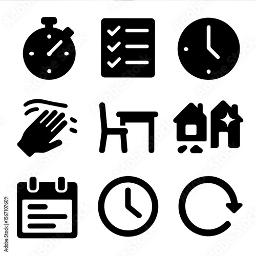 Time-saving Icons Grid. Solid, filled icons set of time-saving cleanup routine: timer icon, checkmark list,