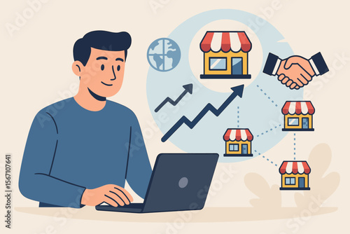 Franchise marketing concept and successful partnership. Person using a laptop with franchise business icons for growth and expansion. Global business system and store network management.