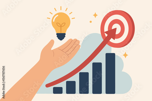 Business growth strategy concept with hand presenting an idea. Upward arrow on a bar chart hits a success target, symbolizing profit, investment, development, and improvement.