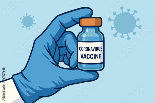 Doctor hand in blue medical glove holding Coronavirus vaccine vial. COVID-19 vaccination concept. Medical research for pandemic treatment, immunization, and disease prevention.