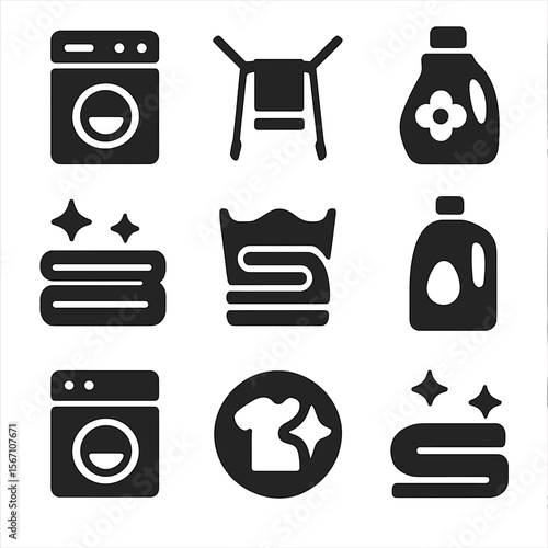 Towel Care Icons. Solid, filled icons set of towel care and maintenance: washing machine, drying rack, fabric