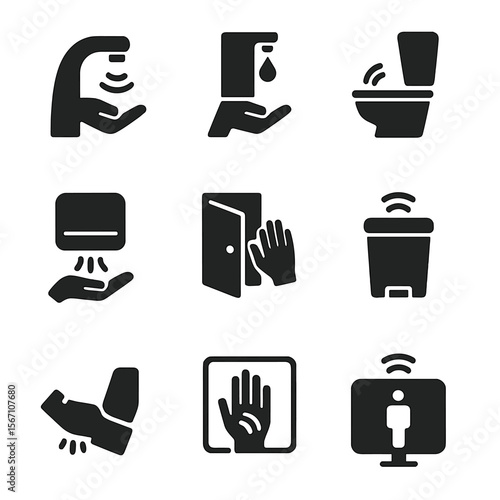 Touchless Restroom Icons. Solid, filled icons set of touchless restroom features: sensor faucet, automatic