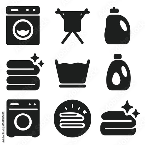 Towel Care Icons. Solid, filled icons set of towel care and maintenance: washing machine, drying rack, fabric