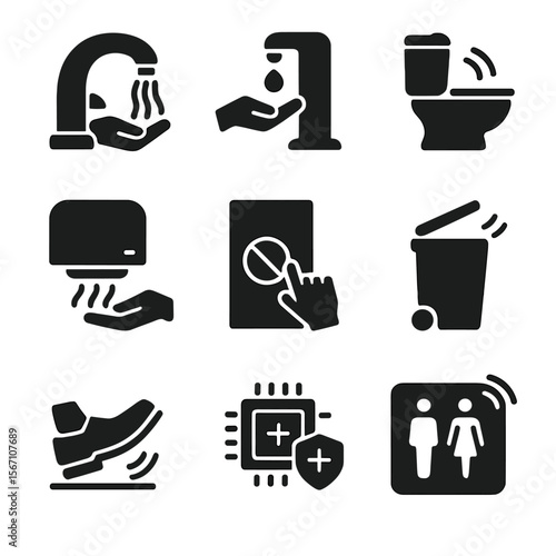 Touchless Restroom Icons. Solid, filled icons set of touchless restroom features: sensor faucet, automatic