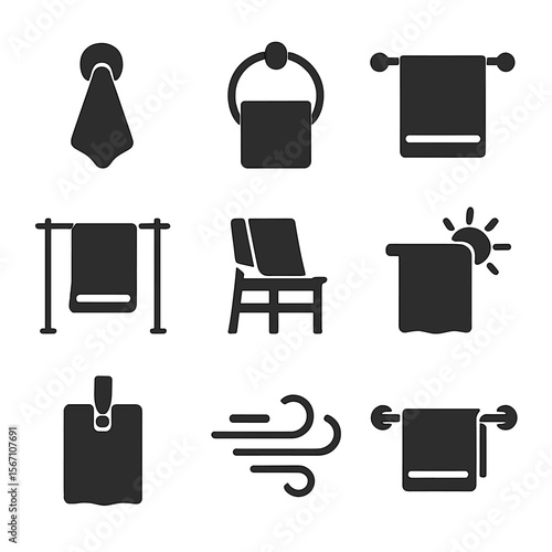 Towel Drying Icons. Solid, filled icons set of drying and hanging towels: wall hook, towel ring, bathroom rod,