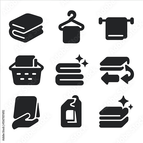 Towel Icons Grid. Solid, filled icons set of changing towels: folded towel, towel hook, towel on rack, laundry