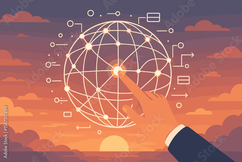 Businessman hand touching a digital globe for global network connection and data exchange. Internet technology and telecommunication concept. Worldwide business innovation vector illustration.