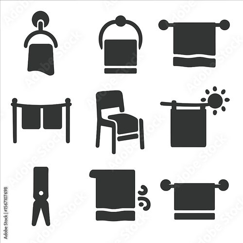 Towel Drying Icons. Solid, filled icons set of drying and hanging towels: wall hook, towel ring, bathroom rod,