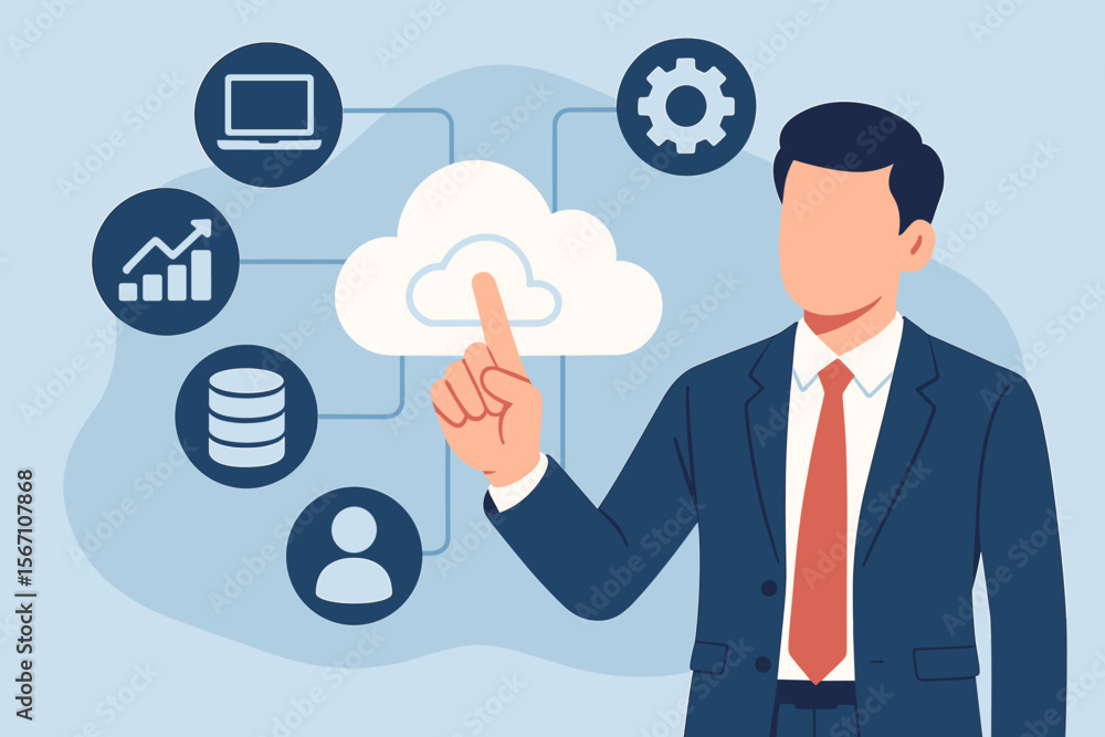 SaaS software as a service concept, businessman in suit interacting with cloud computing icons, data storage, analytics, user management, technology, internet network, digital business solutions SaaS software as a service concept, businessman in suit interacting with cloud computing icons, data storage, analytics, user management, technology, internet network, digital business solutions