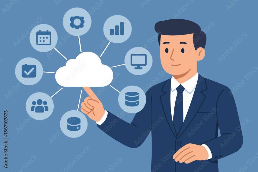 SaaS software as a service cloud computing concept with businessman interacting with virtual icons for data storage, analytics, teamwork, scheduling, networking, internet technology solutions SaaS software as a service cloud computing concept with businessman interacting with virtual icons for data storage, analytics, teamwork, scheduling, networking, internet technology solutions