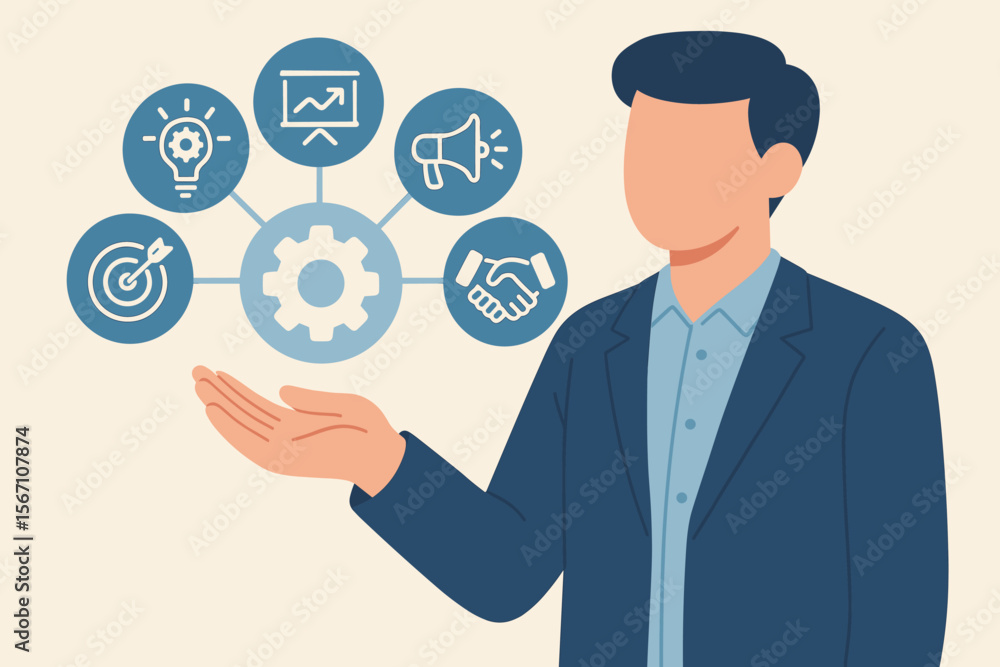 Sales enablement concept illustration. Business marketing technology strategy. Strategic sales promotion, efficiency increase, target achievement, partnership, innovation, analytics, teamwork Sales enablement concept illustration. Business marketing technology strategy. Strategic sales promotion, efficiency increase, target achievement, partnership, innovation, analytics, teamwork