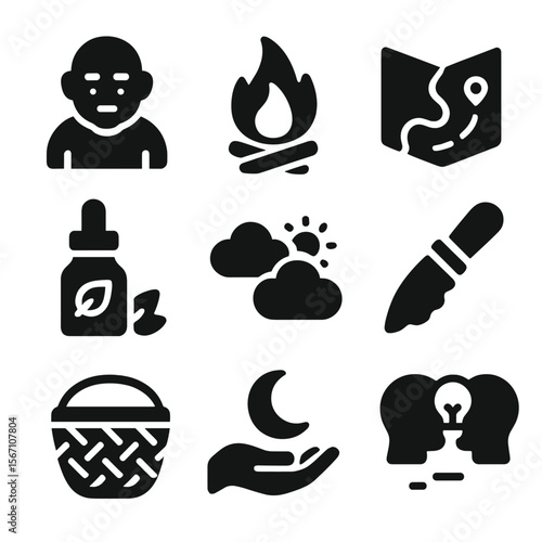 Traditional Knowledge Icons. Solid, filled icons set of traditional knowledge and adaptation: elder icon,