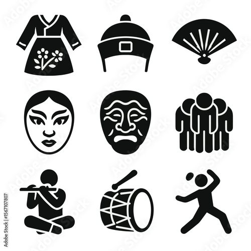 Traditional Performance Icons. Solid, filled icons set of traditional performances and attire: embroidered