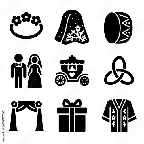 Traditional Wedding Icons. Solid, filled icons set of traditional wedding symbols: flower crown, embroidered
