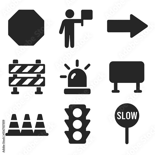 Traffic Control Icons. Solid, filled icons set of traffic control during repairs: stop sign, flagger icon,