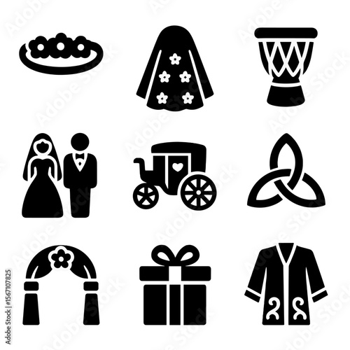 Traditional Wedding Icons. Solid, filled icons set of traditional wedding symbols: flower crown, embroidered