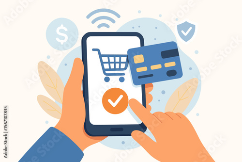 Secure online payment with credit card on smartphone. Mobile shopping checkout, digital transaction, e-commerce purchase, contactless payment, fintech illustration, internet banking concept