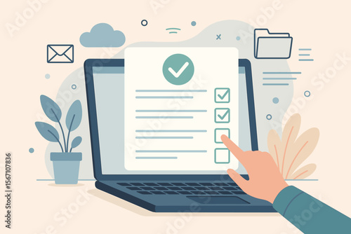 Online Survey Filling Out, Digital Form Checklist on Laptop, Document Management System, Process Automation, Electronic File Organization, Data Entry, Workflow, Remote Work Concept Illustration