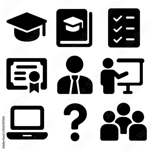 Training Icons Grid. Solid, filled icons set of training and onboarding: graduation cap, training manual,