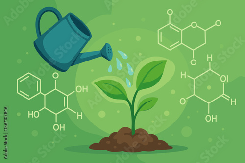 Watering young plant with watering can, biology laboratory concept, plant growth with biochemical molecular structure, nature science vector illustration on green background