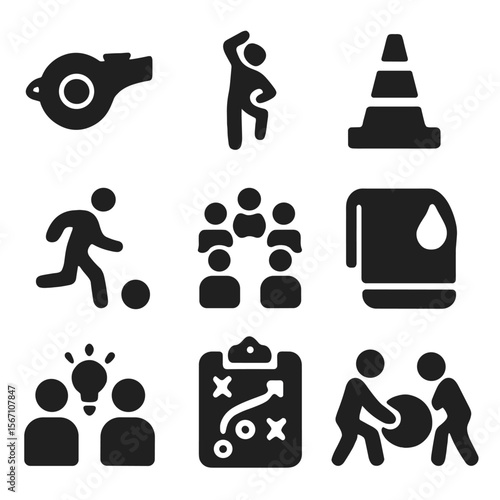 Training Icons Grid. Solid, filled icons set of training and practice sessions: coach whistle, warmup icon,