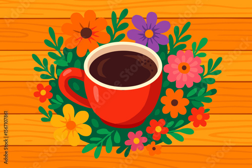 Bright red coffee cup with hot drink surrounded by colorful spring flowers and green leaves on vibrant wooden background. Modern flat vector cartoon illustration for morning or cafe concepts