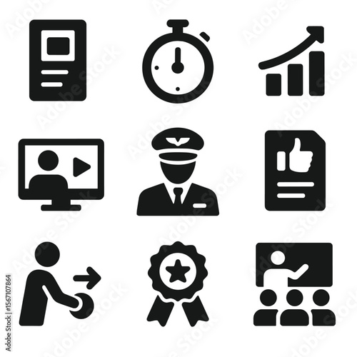 Training Icons Grid. Solid, filled icons set of training and instruction: lesson plan, stopwatch, skill
