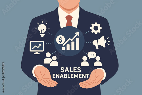 Sales Enablement Strategy Concept. Business Marketing Technology. Strategic Sales Promotion, Efficiency Growth, Revenue Increase. Virtual Screen Icons, Businessman, Digital Tools, Communication