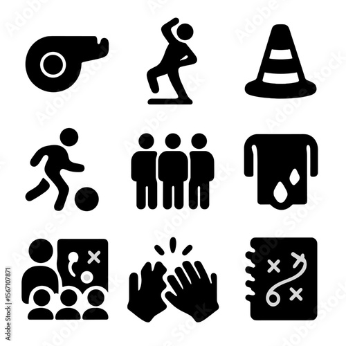 Training Icons Grid. Solid, filled icons set of training and practice sessions: coach whistle, warmup icon,