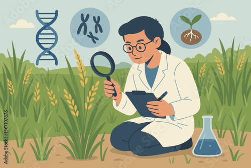 Scientist conducting genetic research on rice plants in field, plant biology, DNA chromosome analysis, biotechnology, crop development, agricultural experiment, sustainable agriculture