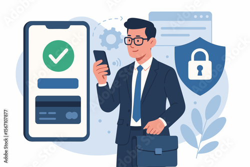 Secure online payment authorization, digital banking transaction, fintech solutions, data protection, mobile banking, businessman confirming successful payment, cybersecurity, finance technology