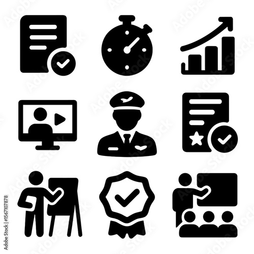 Training Icons Grid. Solid, filled icons set of training and instruction: lesson plan, stopwatch, skill