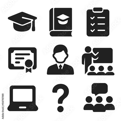 Training Icons Grid. Solid, filled icons set of training and onboarding: graduation cap, training manual,