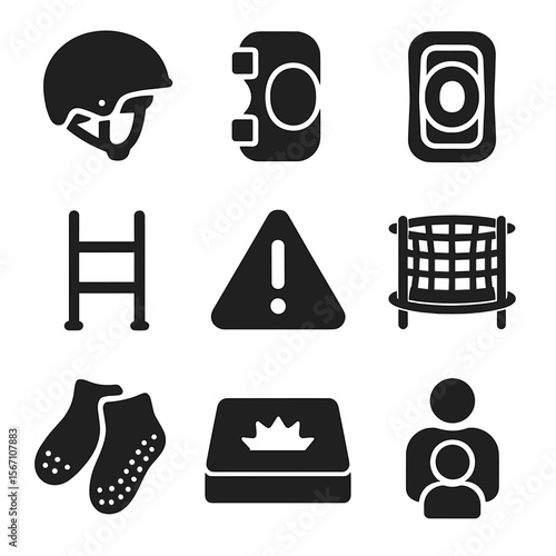 Trampoline Safety Icons. Solid, filled icons set of trampoline safety gear: helmet, elbow pad, knee pad,