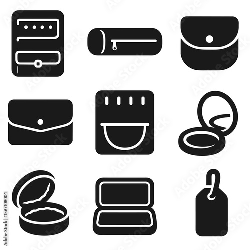 Travel Jewelry Organizer Icons. Solid, filled icons set of travel-friendly jewelry organizers: fold-up case,