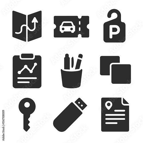 Travel Icons Grid. Solid, filled icons set of travel-related paperwork in cars: road map, toll ticket, parking