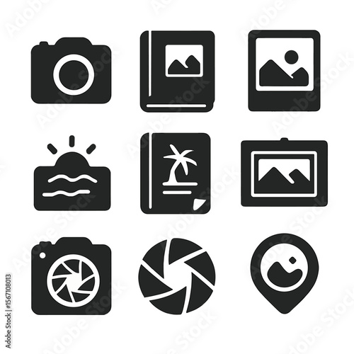 Travel Photography Icons. Solid, filled icons set of travel photography and memories: camera icon, photo album