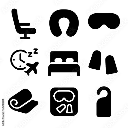 Travel Sleep Essentials Icons. Solid, filled icons set of travel and sleep wellness: airplane seat, travel
