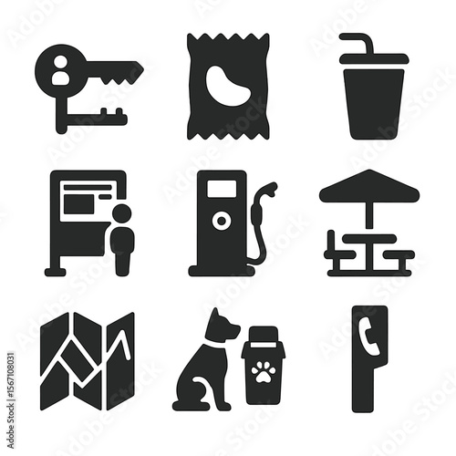 Traveler Amenities Icons. Solid, filled icons set of traveler amenities at rest stops: restroom key, snack bag