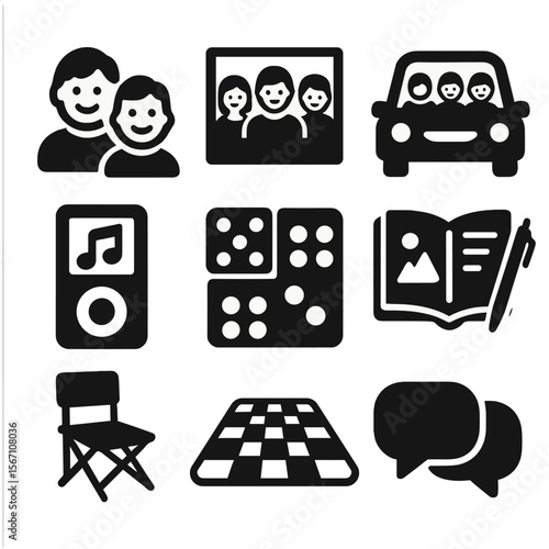 Travel Icon Set. Solid, filled icons set of family and friends travel: smiling faces, group photo, carpool,