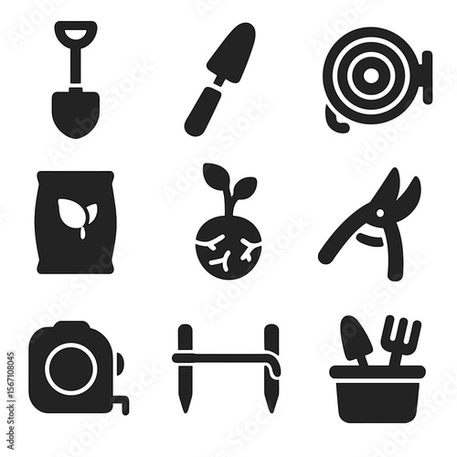 Tree Planting Tools. Solid, filled icons set of tree planting tools and materials: digging spade, trowel, hose