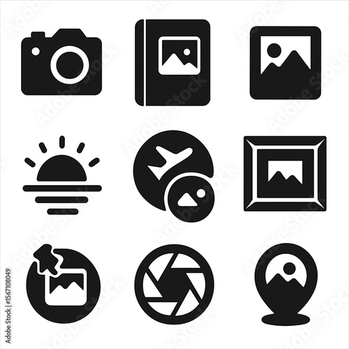 Travel Photography Icons. Solid, filled icons set of travel photography and memories: camera icon, photo album