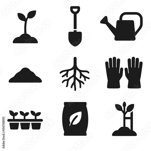 Tree Planting Icons. Solid, filled icons set of tree planting: sapling, shovel, watering can, soil pile, tree