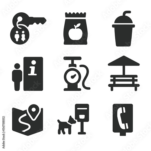 Traveler Amenities Icons. Solid, filled icons set of traveler amenities at rest stops: restroom key, snack bag