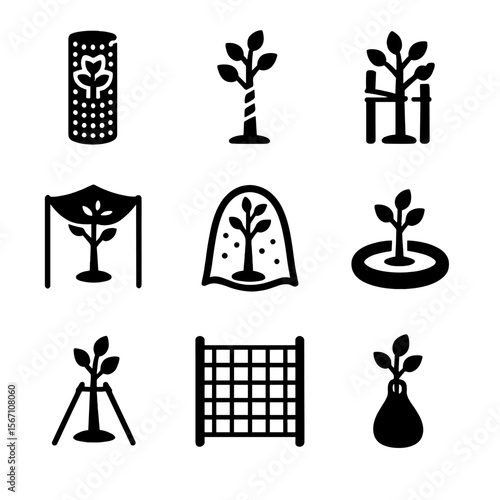 Tree Protection Icons. Solid, filled icons set of protective measures for young trees: mesh guard, tree wrap,