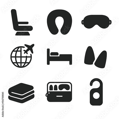 Travel Sleep Essentials Icons. Solid, filled icons set of travel and sleep wellness: airplane seat, travel