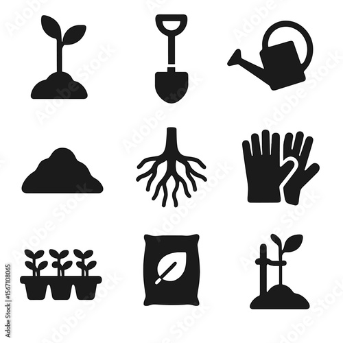 Tree Planting Icons. Solid, filled icons set of tree planting: sapling, shovel, watering can, soil pile, tree