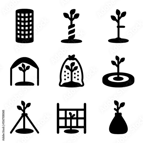 Tree Protection Icons. Solid, filled icons set of protective measures for young trees: mesh guard, tree wrap,