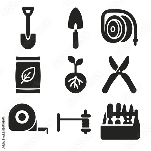 Tree Planting Tools. Solid, filled icons set of tree planting tools and materials: digging spade, trowel, hose